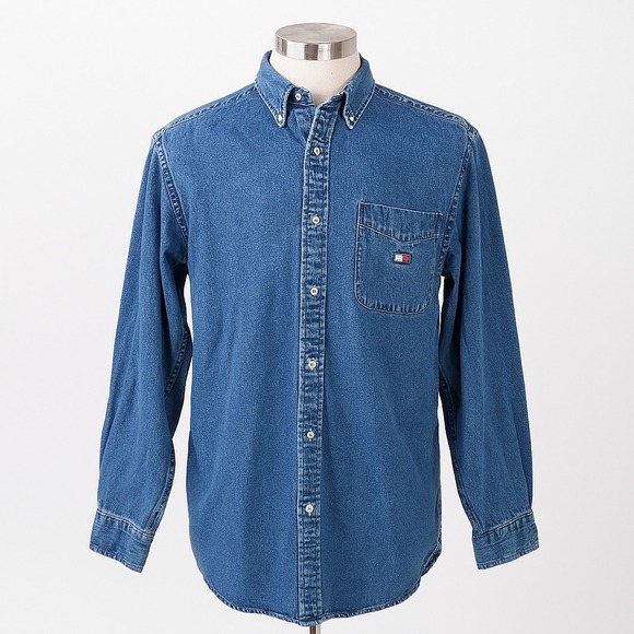 Tommy Hilfiger Shirt Mens Large Blue Denim Button Up Long Sleeve Pocket Casual - Picture 1 of 9